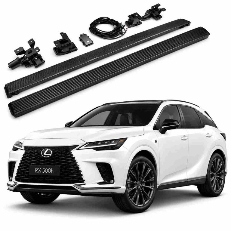 Complete lexus rx500h electric running boards kit with motors, wiring, and brackets displayed above a white Lexus RX 500h SUV.