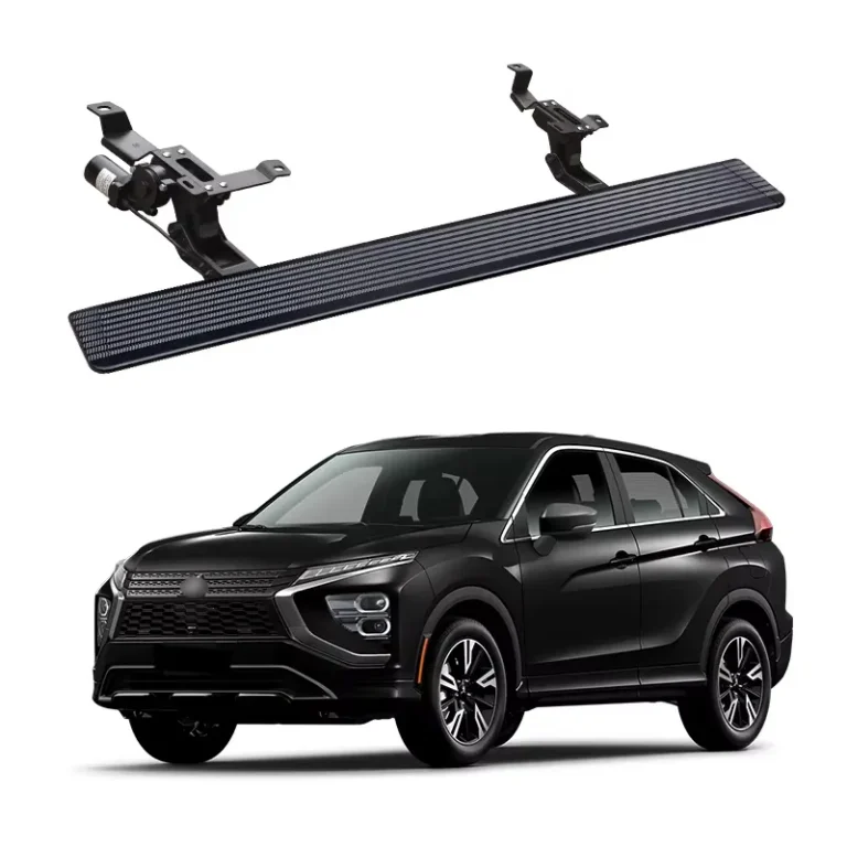Complete motorized running boards kit with brackets and motor, paired with a black Mitsubishi Outlander.