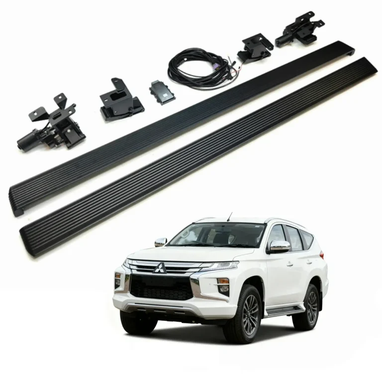 Complete set of electric Mitsubishi Pajero Side Steps including running boards, electronic control box, wire harness, and heavy-duty brackets.