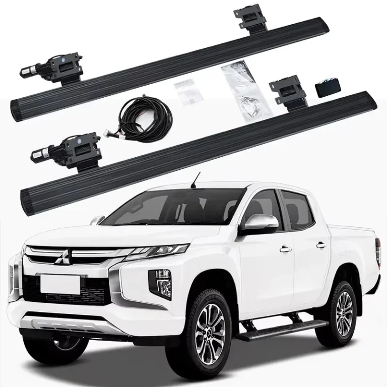 A complete set of Mitsubishi Triton Electric Side Steps kit featuring two running boards, motors, mounting brackets, wiring harness, and hardware, displayed above a white Mitsubishi Triton pickup truck.