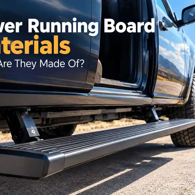 A black pickup truck with an extended power running board. Text on the image reads "Power Running Board Materials - What Are They Made Of?
