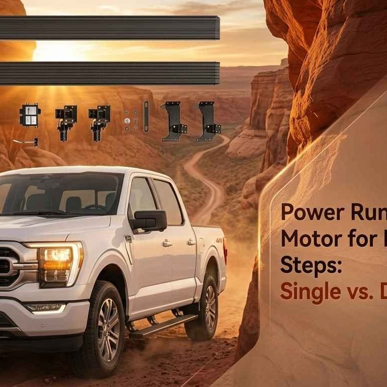 Promotional graphic for a power running board motor comparing single vs. dual configurations, featuring a white truck and disassembled step components.