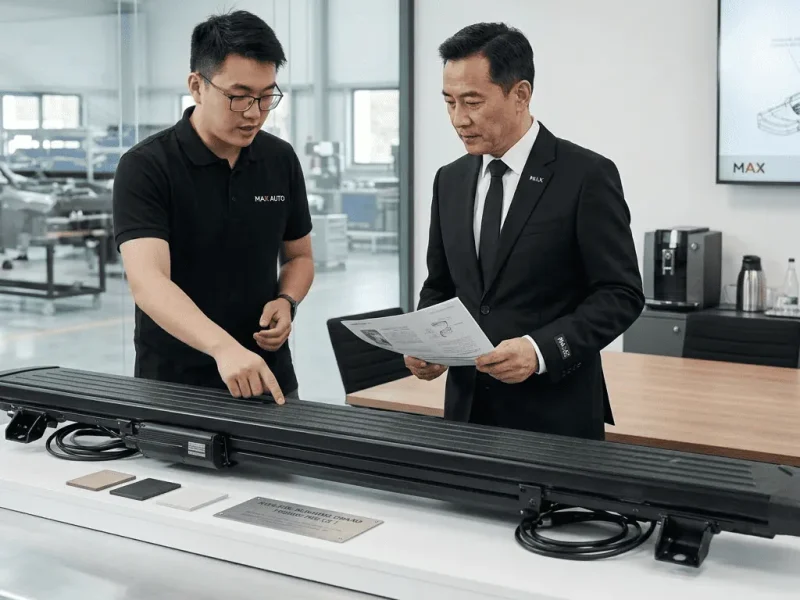 Client and engineer reviewing and approving power running boards specifications