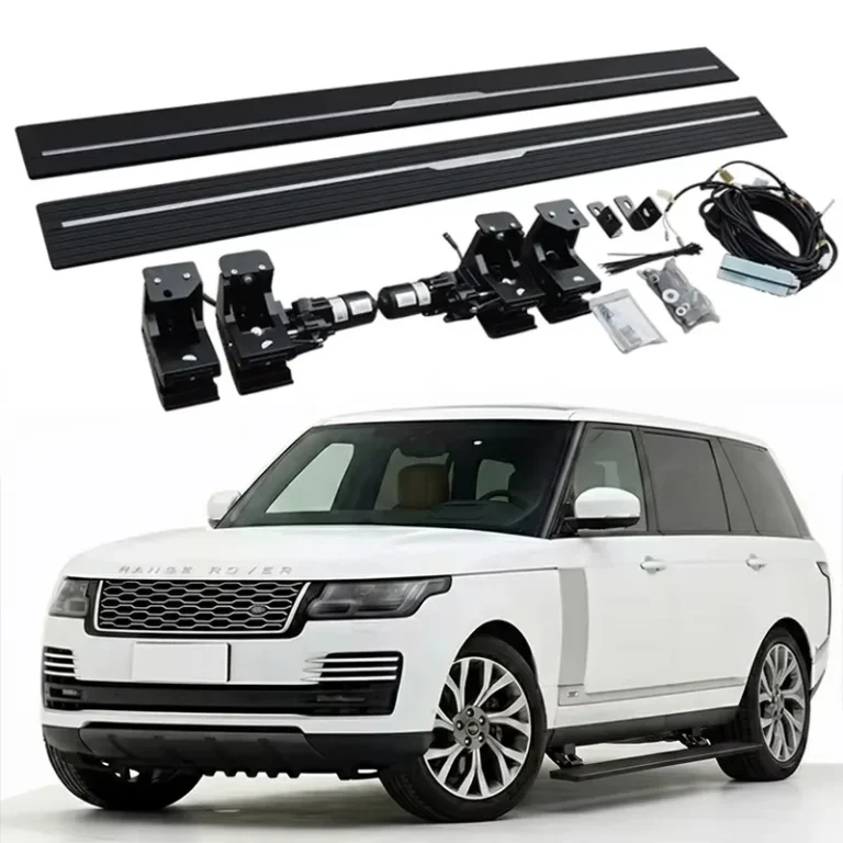 Full product kit for Range Rover LWB Electric Side Steps, featuring dual running boards, motors, mounting brackets, and wiring harness, displayed above a white Range Rover.