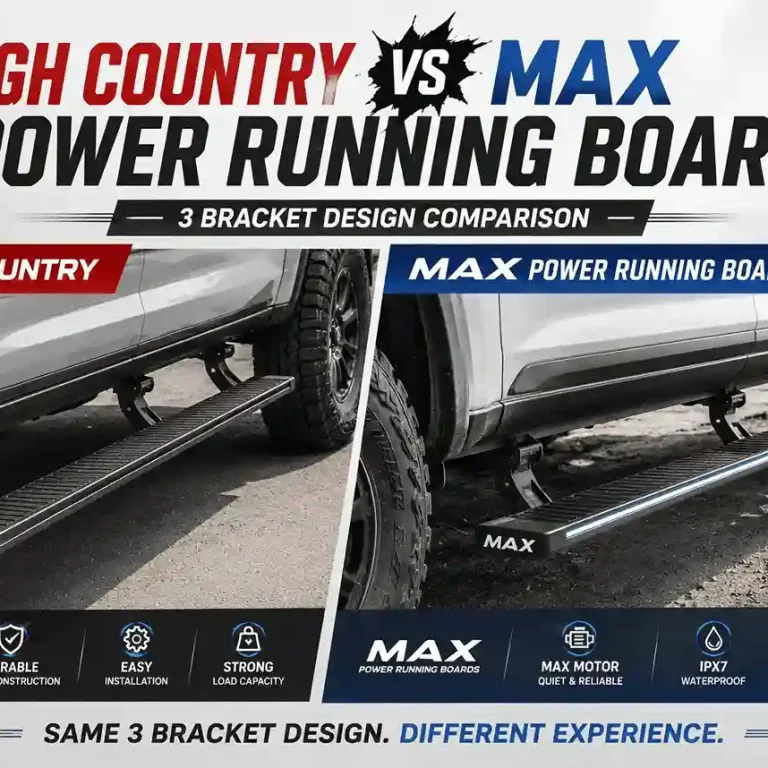 Rough Country Power Running Boards with 3-bracket design and Max model side-by-side comparison.