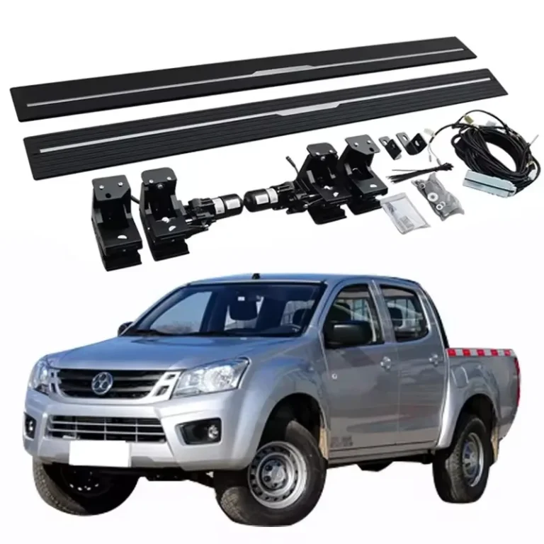 Complete aftermarket Ruimai power running boards kit displayed above a silver pickup truck, showing the two side steps with silver accents, mounting brackets, motors, wiring harness, and hardware.