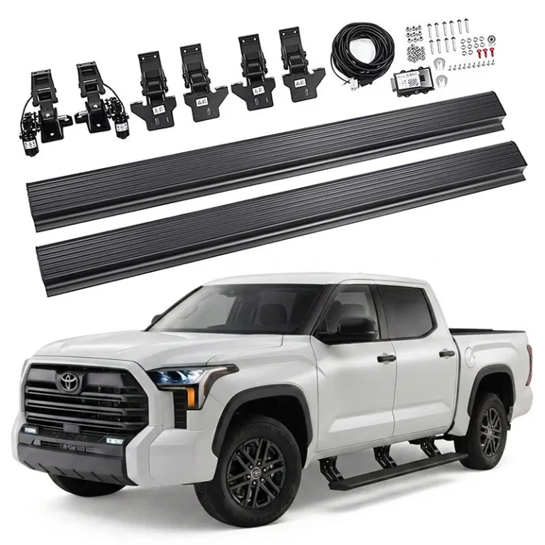 Complete hardware kit and installed view of the power retractable running board for Tundra TRD Pro on a white Toyota Tundra.