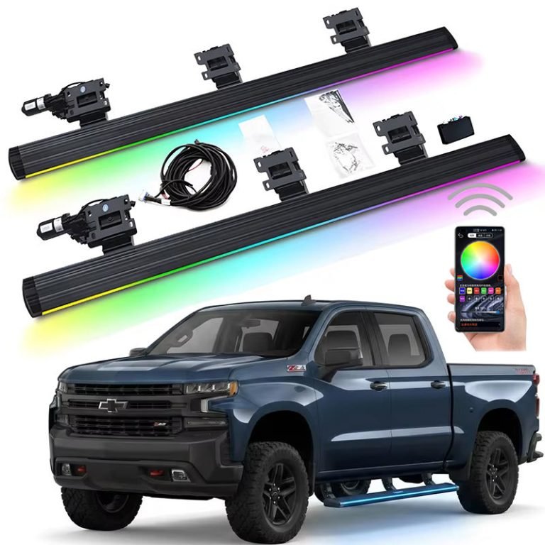 A complete kit for silverado running boards featuring RGB lighting and app control, displayed near a blue truck.