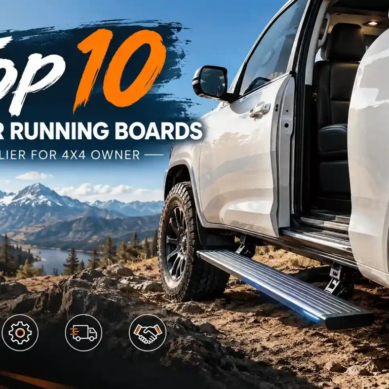 Top 10 power running boards supplier for 4x4 owners, featuring a white pickup truck with deployed electric side steps in a rugged mountain landscape.