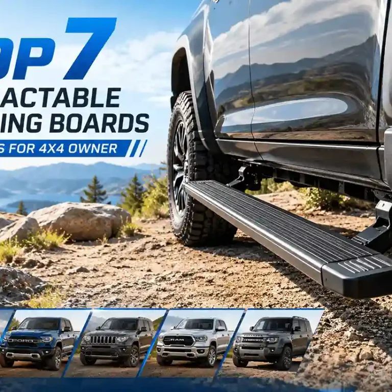 Top 7 retractable running boards suppliers for 4x4 owners, featuring a deployed electric side step on a black pickup truck with various compatible vehicle models below.