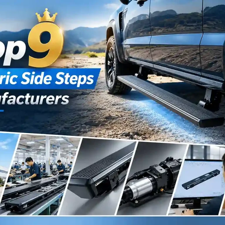 Top 9 electric side steps manufacturers banner featuring a pickup truck with deployed illuminated steps, factory assembly line, motor mechanism, CAD design, and OEM ODM packaging.