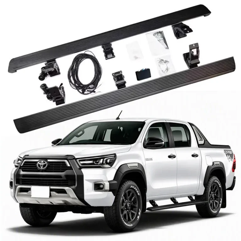 Complete Toyota Hilux power running boards kit featuring dual electric side steps, motors, wiring harness, and mounting brackets displayed above a white Hilux pickup.