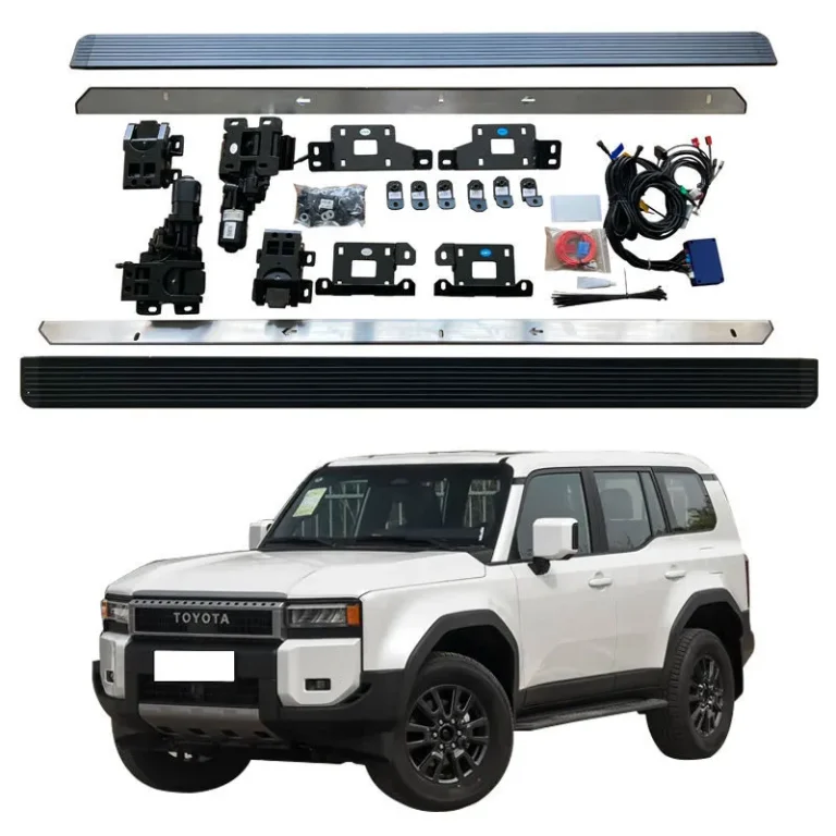 White SUV equipped with a complete Toyota Land Cruiser running boards kit.