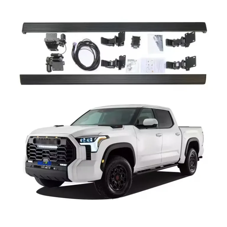 Toyota Tacoma power running boards full set kit with white pickup truck display